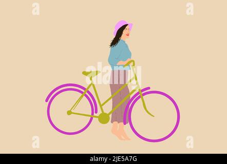 Junge Frau auf dem Fahrrad mit Korb von Blumen Vektor flach isoliert Illustration Stock Vektor