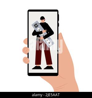 Hacker-Angriff. Betrug mit Nutzerdaten in sozialen Netzwerken. Diebstahl von Kredit- oder Debitkarten. Internet-Phishing, gehackter Benutzername und Passwort. Cyberkriminalität und Stock Vektor