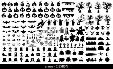 Kollektion von Silhouetten für halloween mit gruseligen Kürbissen und gruseligen Bäumen und Geistern. Set aus schwarzen und weißen Objekten für die Nacht der halloween Stock Vektor