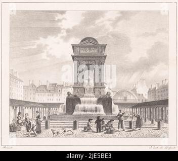 Im Vordergrund verkaufen Marketingfachleute ihre Waren. Der Brunnen steht in der Mitte der überdachten Markthallen auf dem Place du Marché des Innocents, Blick auf die Fontaine des Innocents in Paris Vue de la fontaine des Innocents à Paris, kleine Gesichter von Paris (Titelserie)., Druckerei: Jean Baptiste Arnout, (Objektbezeichnung), Drucker: François Séraphin Delpech, (erwähnt auf Objekt), Paris, 1820 - 1821, Papier, H 245 mm - B 318 mm Stockfoto