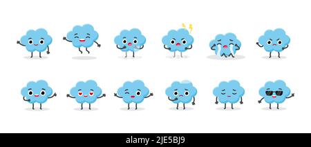 Setzen Sie Nette Wolken Emoji Zeichen. Vector Emoticon Sticker Kollektion Stock Vektor