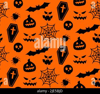 Nahtlos wiederholendes Muster mit Halloween-Symbolen. Design von Silhouetten für den Urlaub Halloween. Für Postkarte, Stoff, Banner, Vorlage, Verpackung Stock Vektor