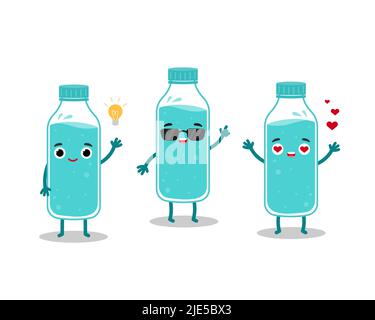 Emoji Wasserflasche Charaktergruppe. Konzept für gesundes Trinkwasser Stock Vektor