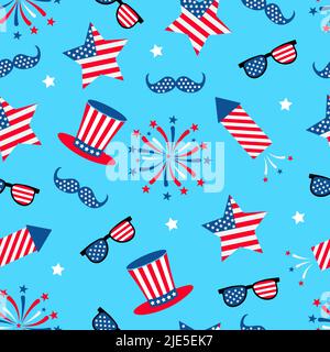 Amerikanisches patriotisches nahtloses Muster. Traditioneller Hintergrund am 4. Juli. Hüte und Feuerwerk im Hintergrund. Vektorvorlage für Stoff, Textil, Wallpap Stock Vektor