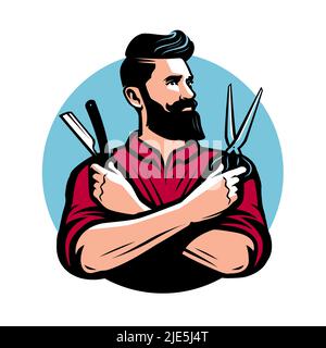 Barbier bärtiger Mann mit Barbershop-Werkzeug, Schere und Rasierklinge. Design-Element für Friseursalon Logo, Etikett, Abzeichen Stock Vektor