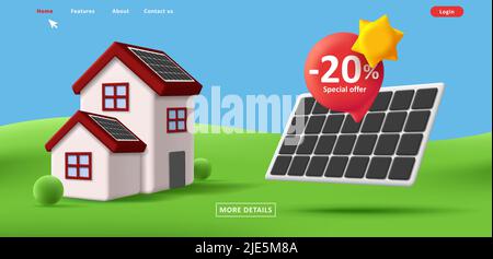 Web-Banner mit Rabatt auf Sonnenenergie-Panels mit 3D Abbildung des Hauses Stock Vektor