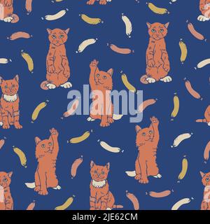 Vektor nahtloses Muster mit Ingwer-Kätzchen und Würsten. Lustiges handgezeichnetes Design mit Katzen. Stock Vektor