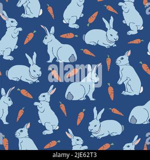 Vektor nahtloses Muster mit Kaninchen und Karotten. Lustiges Design mit handgezeichneten Hasen. Stock Vektor