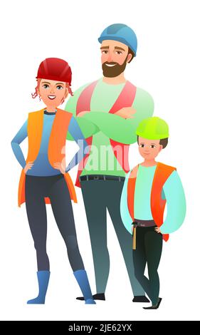Mann und Frau und Kind Sohn Baumeister in Weste und Schutzhelm. Fröhliche Person. Stehende Pose. Cartoon Comic-Stil flach. Ein Zeichen. Illustre Stock Vektor