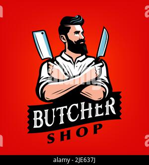 Logo-Vektor für Metzgerei. Emblem für Bauernfleisch. Chef hält Messer Spaltmesser für Restaurantkarte Abzeichen Stock Vektor