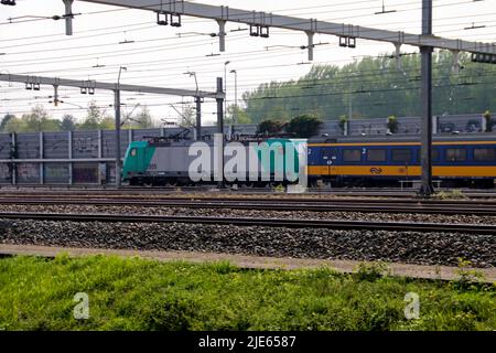 TRAXX Lokomotive mit Containerfracht bei der Eisenbahn in Barendrecht in den Niederlanden Stockfoto