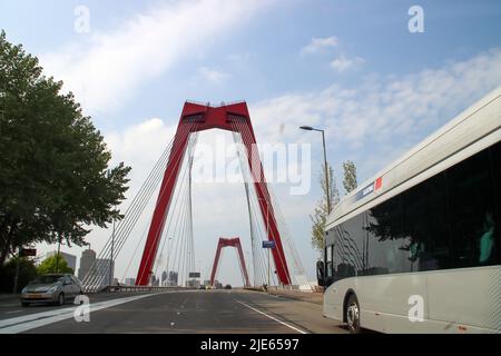 Rot gefärbter Willemsbrug über dem Fluss Nieuwe maas in Rotterdam in den Niederlanden Stockfoto