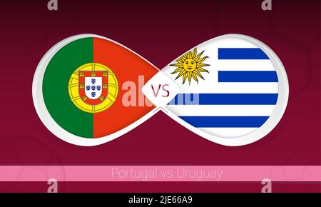 Portugal gegen Uruguay im Fußballwettbewerb, Gruppe A. gegen Icon im Fußballhintergrund. Vektorgrafik. Stock Vektor