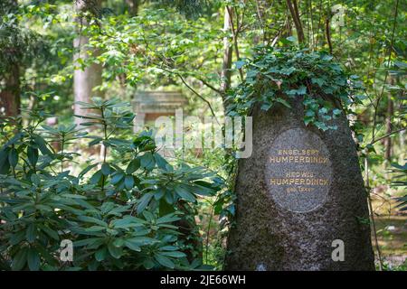 Stahnsdorf, Deutschland. 02.. Mai 2022. Grabstein von Engelbert Humperdinck und seiner Frau Hedwig Humperdinck im Südwestkirchhof der Berliner Stadtsynode. Der Friedhof südwestlich von Berlin ist mit über 200 Hektar der zweitgrößte in Deutschland. Aufgrund seines Waldcharakters und seiner vielen historischen Grabstätten ist der Südwestkirchhof ein beliebtes Touristenziel. Für die Erhaltung des kulturell und kunsthistorisch bedeutsamen Ortes wurde 2000 ein Förderverein gegründet. Quelle: Soeren Stache/dpa/ZB/dpa/Alamy Live News Stockfoto