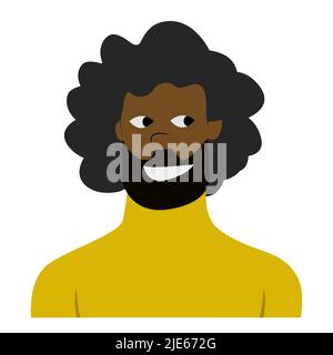 Stilvoller afroamerikanischer Mann 30-50s mit Bart und Afro-Frisur in einem gelben Pullover lächelt. Stock Vektor