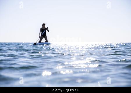 Silhouette einer Frau auf einem sap-Brett mit einem Paddel in den Händen vor einem Hintergrund aus blauem Wasser und Himmel. Das Konzept der Eroberung der Elemente. Der Stockfoto