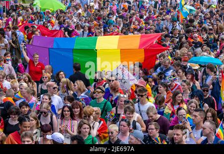 Schwerin, Deutschland. 25.. Juni 2022. Die Teilnehmer des Christopher Street Day ziehen in farbenfrohen Kostümen und mit Regenbogenfahnen durch das Stadtzentrum. Das Motto des Christopher Street Day 16. lautet „Wissen schafft Vielfalt“. Bunt kostümiert treffen sich die meist jüngeren Menschen im Alten Garten. Die CSD soll die Menschen an die Rechte von Lesben, Schwulen, Bisexuellen, Transgender, Intersex und queeren Menschen erinnern. Quelle: Jens Büttner/dpa/Alamy Live News Stockfoto