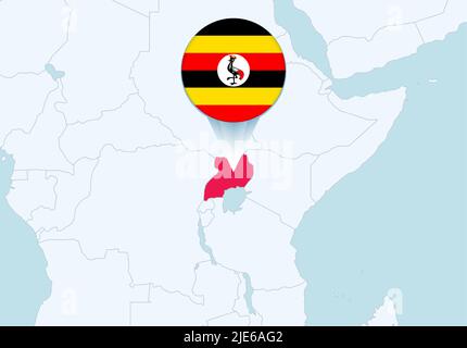 Afrika mit ausgewählter Uganda-Karte und Uganda-Flaggensymbol. Vektorkarte und Flagge. Stock Vektor