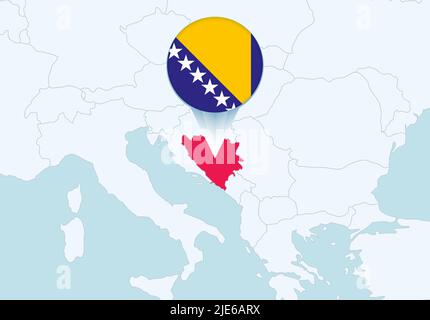 Europa mit ausgewählter Karte von Bosnien und Herzegowina und Flaggensymbol von Bosnien und Herzegowina. Vektorkarte und Flagge. Stock Vektor