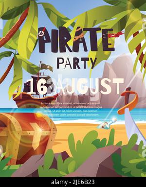 Poster zur Piratenparty-Einladung. Segelndes Piratenschiff mit schwarzen Fahnen im Meer. Stock Vektor