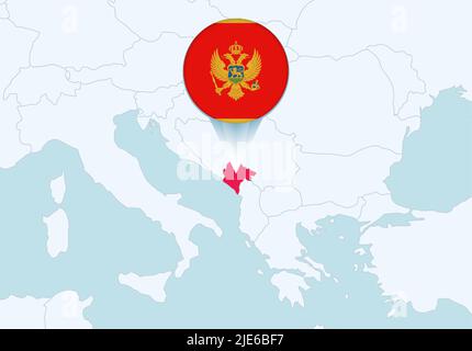 Europa mit ausgewählter Montenegro-Karte und Montenegro-Flaggensymbol. Vektorkarte und Flagge. Stock Vektor