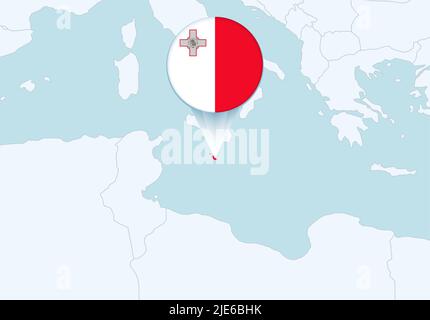 Europa mit ausgewählter Karte von Malta und Symbol der Flagge von Malta. Vektorkarte und Flagge. Stock Vektor