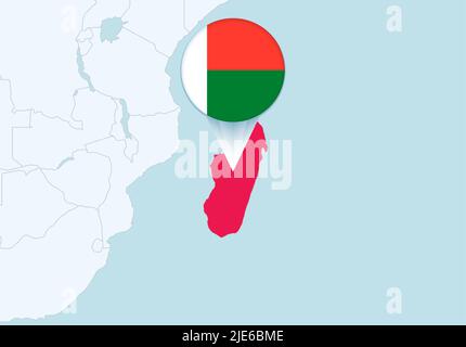 Afrika mit ausgewählter Madagaskar-Karte und Madagaskar-Flaggensymbol. Vektorkarte und Flagge. Stock Vektor