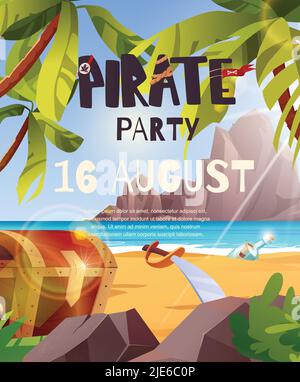 Poster zur Piratenparty-Einladung. Segelndes Piratenschiff mit schwarzen Fahnen im Meer. Stock Vektor
