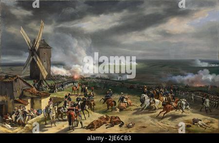 Die Schlacht von Valmy von Emile-Jean-Horace Vernet. Die weiß-uniformierte Infanterie rechts sind Stammgäste, während die blau gestrichenen Reihen links die Bürgerfreiwilligen von 1791 repräsentieren. Das Moulin de Valmy wurde auf Befehl von Kellermann am Tag der Schlacht verbrannt. Dies war die erste Schlacht der Frenach nach der Revolution, und ihre unerwartete Niederlage der preußischen Armee war eine wichtige Rechtfertigung für die revolutionäre. Stockfoto