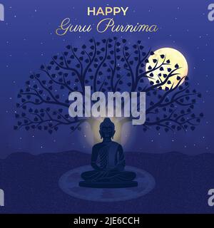 Happy Guru Purnima Gautama Buddha, Bodhi Baum, Mond, Nachthimmel, Silhouette, Stars, Mandala. Traditionelles Festival Poster Banner Design Vorlage Vektor Stock Vektor