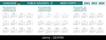 Einfache Kalendervorlage in deutscher Sprache für 2022, 2023, 2024 Jahre. Die Woche beginnt ab Montag. Vektorgrafik. Stock Vektor