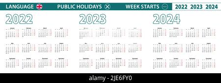 Einfache Kalendervorlage in englischer Sprache für 2022, 2023, 2024 Jahre. Die Woche beginnt ab Montag. Vektorgrafik. Stock Vektor