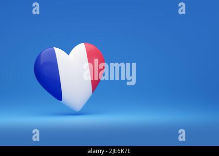 Herz mit den Farben der Flagge Frankreich mit Kopierraum. 3D Abbildung. Stockfoto