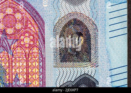 Details von Bargeld zwanzig Euro der Europäischen Union, Bargeld europäischen Euro Nennwert 20 Nahaufnahme Stockfoto