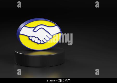 Buenos Aires, Argentinien - 25.. Juni 2022: Mercado libre Logo auf schwarzem Podium mit Kopierfläche. 3D Abbildung. Stockfoto