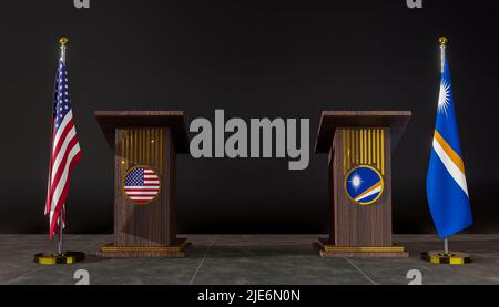 Flagge der USA und der Marshallinseln. Verhandlungen zwischen den USA und den Marshallinseln. Rostrum für Reden. 3D Arbeit und 3D Bild Stockfoto