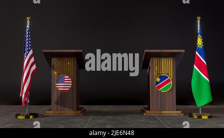 Flagge der USA und Namibias. Verhandlungen zwischen den USA und Namibia. Rostrum für Reden. 3D Arbeit und 3D Bild Stockfoto