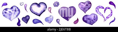 Satz Aquarellherzen in lila Farben. Handgezogenes Herzvalentinen, Viplet, blaue, rosa und ultraviolette Farbe Stockfoto