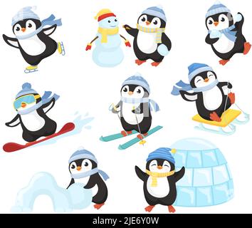 Pinguin im Winter Aktivitäten. Kleine niedliche Cartoon-Pinguine Figuren spielen Spaß, machen Schneemann, Skaten und Skifahren Vektor-Set Stock Vektor
