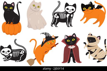 Halloween Katzen. Schwarzes Kätzchen im Dracula Vampir Kostüm, Mama Tier und Hexenkatze. Geistertier, gruseliges Skelett und Kitty auf Kürbis-Vektor-Set Stock Vektor