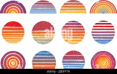 Retro-Sonnenkreise. Vintage gestreifte Sonnenuntergangs- und Retro-Sonnenaufgang-Gradientenlinien mit Grunge-Textur-Vektor-Set Stock Vektor