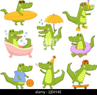 Cartoon-Alligator. Cool Green Crocodile Surfer und Taucher, nimmt Bad und Skateboarding. Maskottchen in verschiedenen Aktivitäten Vektor Illustration Set Stock Vektor