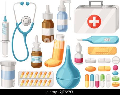 Cartoon-medizinische Versorgung. Erste-Hilfe-Set, Inhalator, Spritze und Medikamente für die Apotheke. Vektorgrafik für medizinische Werkzeuge Stock Vektor