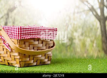 Vor dem Hintergrund der Sommer malerischen Natur, ein Picknick-Korb auf dem grünen Gras. Ruhe, Picknick, gesunder Lebensstil, leckeres gesundes Essen. Postca Stockfoto