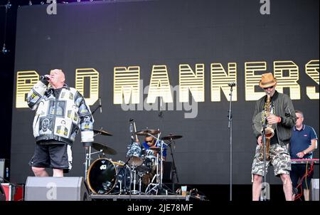 25. Juni 2022, Leeds, South Yorkshire, USA: Bad Manners , Buster Bloodvessel Performing at Lets Rock Leeds 80s Festival , Großbritannien , 25.06.2022 (Bildnachweis: © Robin Burns/ZUMA Press Wire) Stockfoto