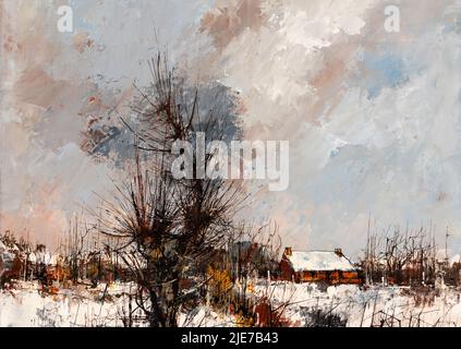 Ölgemälde Nahaufnahme einer ländlichen Landschaft im Winter. Weihnachtsfeiertagskonzept. Stockfoto