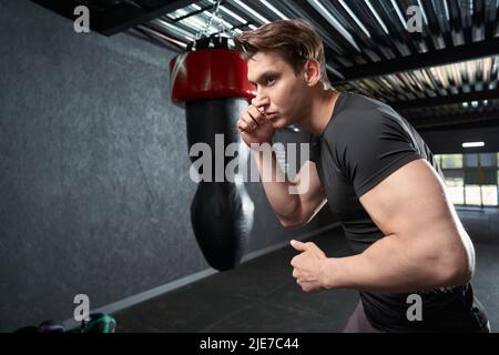 Fokussierter junger Boxer, der im Fitnessstudio arbeitet Stockfoto