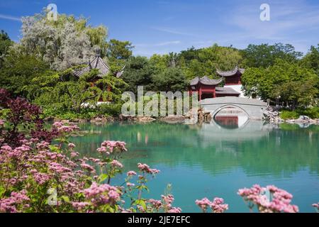 Pavillon der unendlichen Freuden, Steg und Steinboot am Dream Lake im Chinesischen Garten im Sommer, Montreal Botanical Garden, Quebec, Kanada. Stockfoto