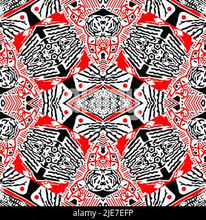 Rot-schwarzes, nahtlos Arabeske Mosaik-Bandana-Muster. Moderner maskuliner Halstuch mit geometrischem Schals-Druck, abstrakter Grafikmode und Tapetenkunst Stockfoto