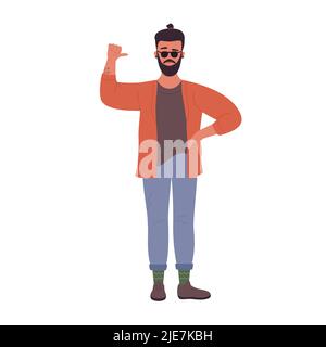 Hipster Mann zeigt Daumen nach oben Geste. Cooler Junge in lässiger Kleidung mit Sonnenbrille Vektor Illustration Stock Vektor